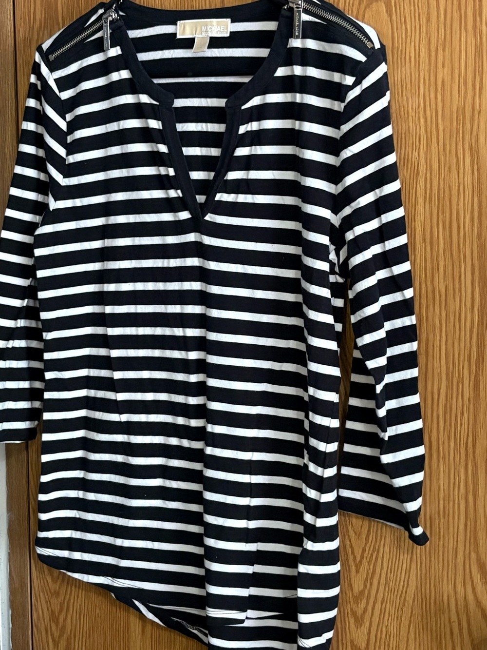 MICHAEL Michael Kors Black and White Striped V-Notch Tunic with Shoulder Zippers